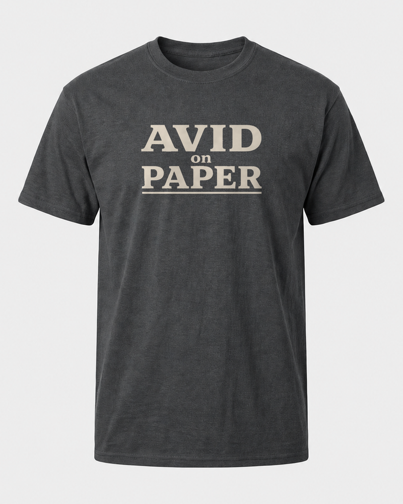 Avid On Paper Stacked tee — dark heather, front