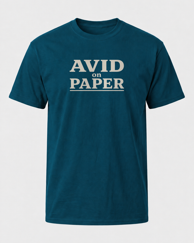 Avid On Paper Stacked tee — midnight navy, front