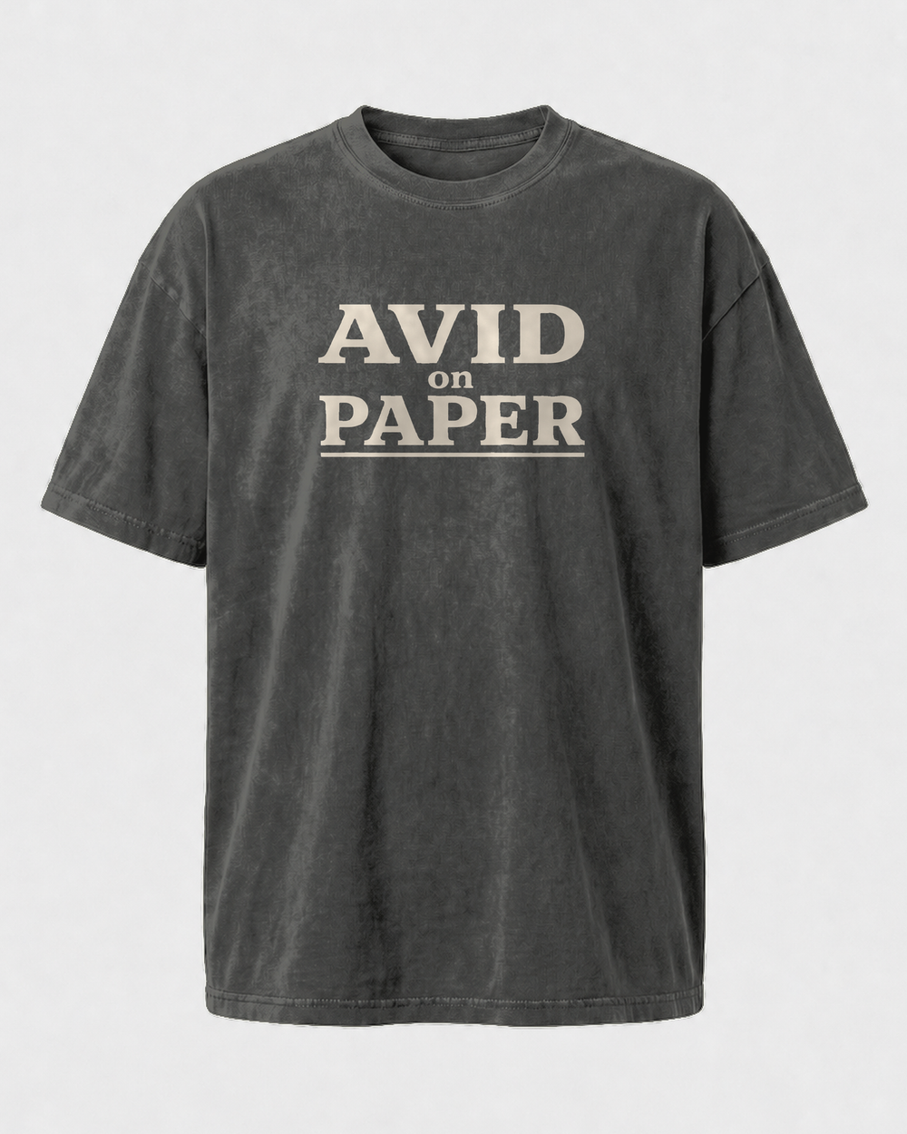 Avid On Paper Stacked washed tee — washed black, front