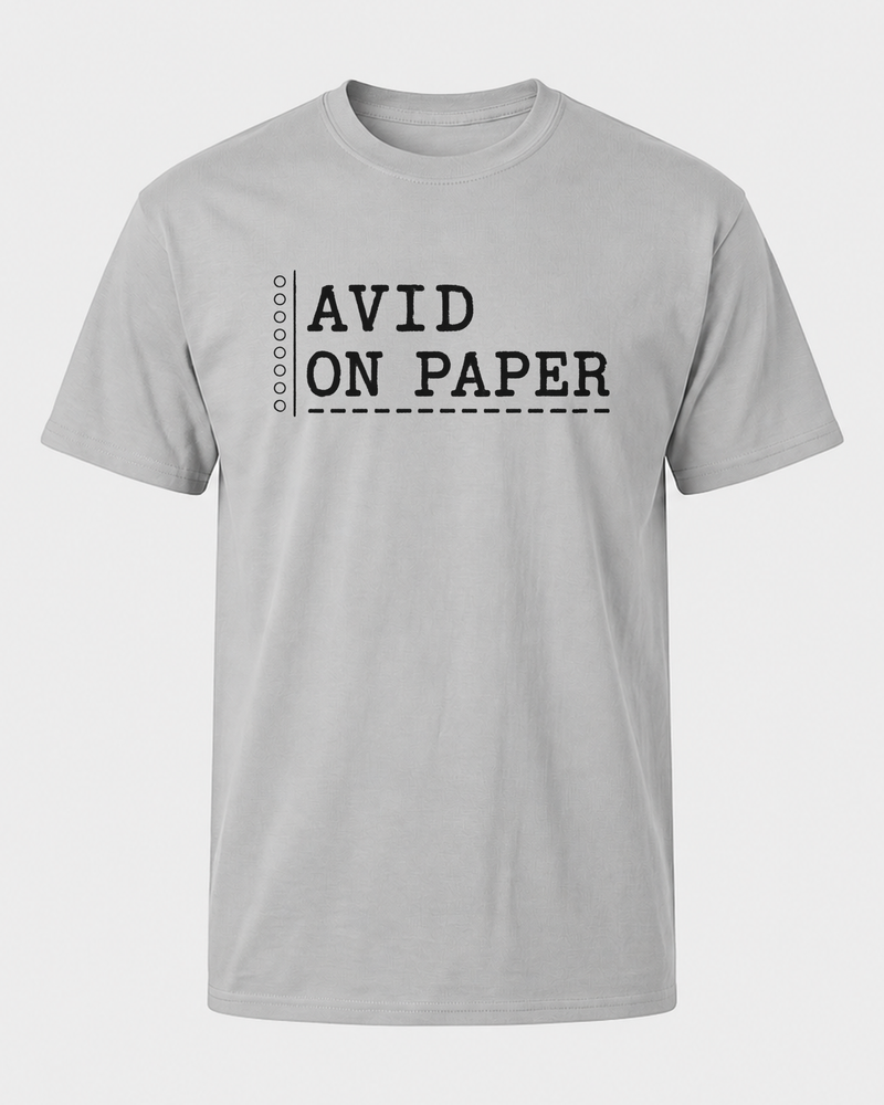 Avid On Paper tee — sports grey, front