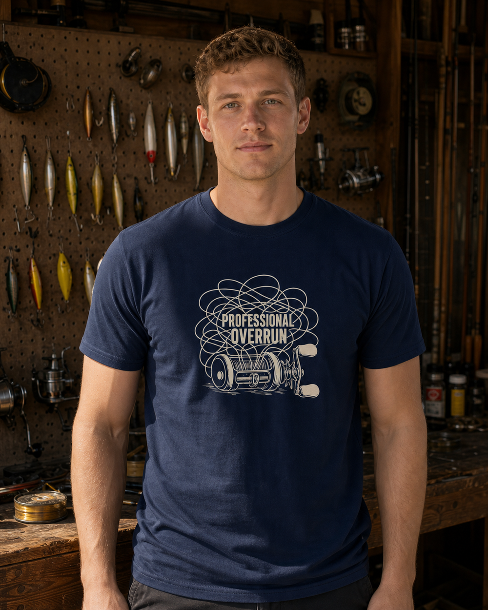 Professional Overrun tee — navy, worn, front