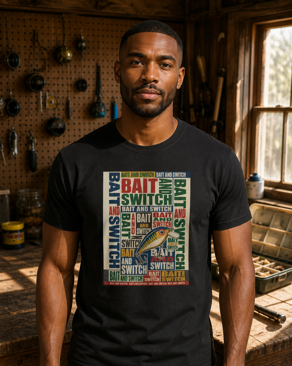 Bait And Switch tee — black, worn, front