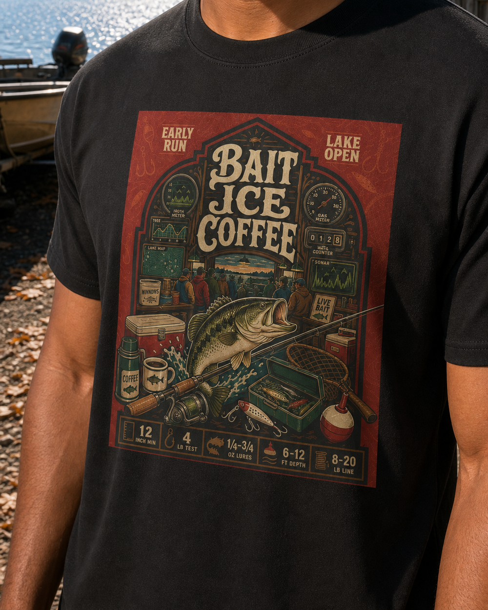 Bait · Ice · Coffee tee — black, worn, side