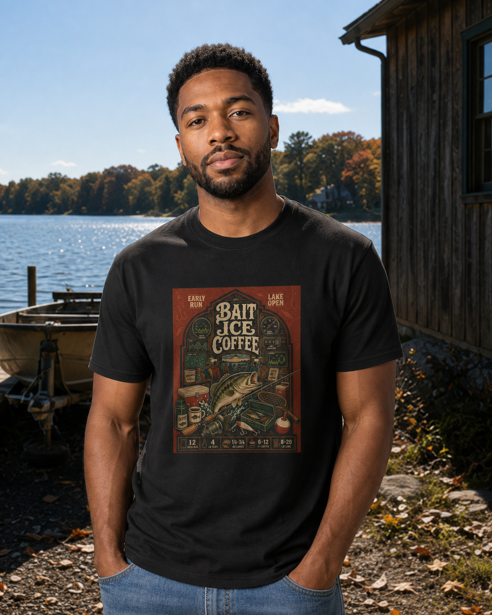 Bait · Ice · Coffee tee — black, worn, front