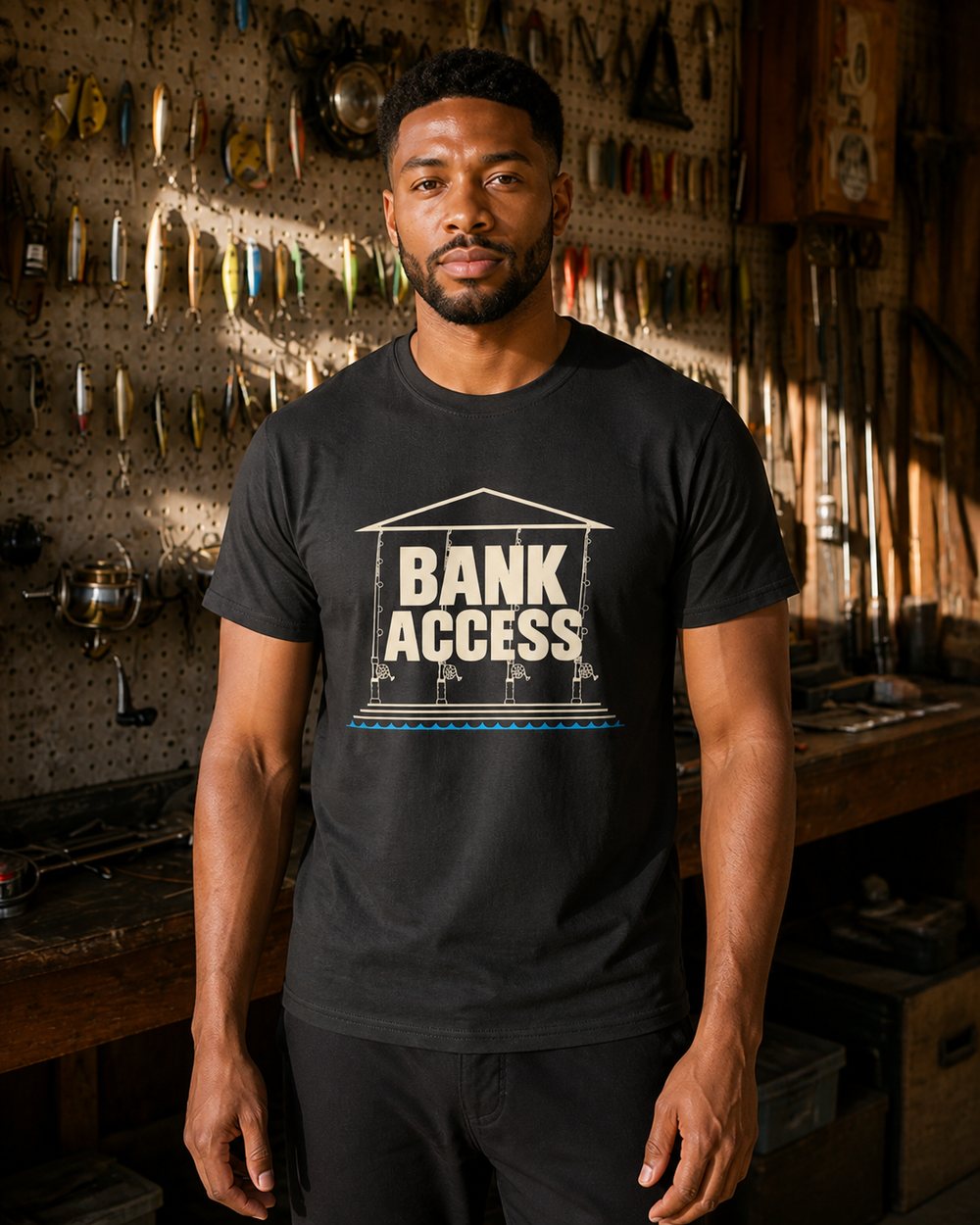 Bank Access tee — black, worn, front