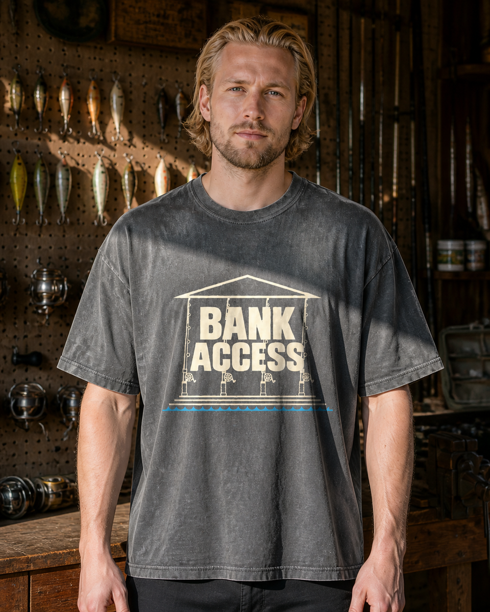 Bank Access washed tee — washed black, worn, front