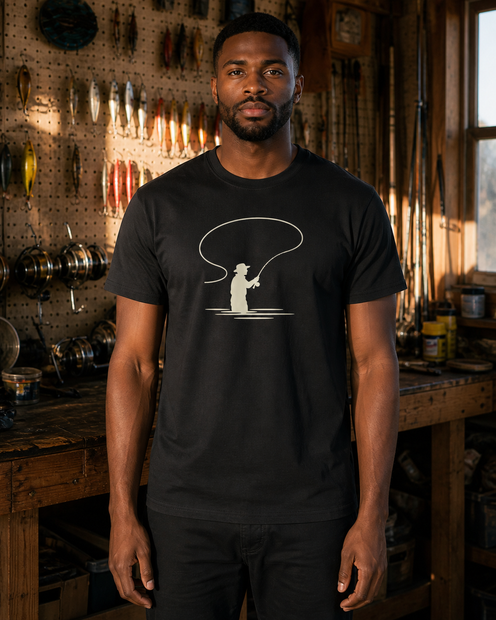 Bank Angler Silhouette tee — black, worn, front
