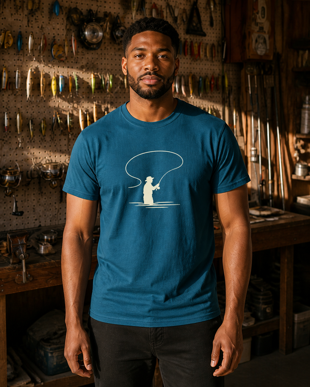Bank Angler Silhouette tee — midnight navy, worn, front