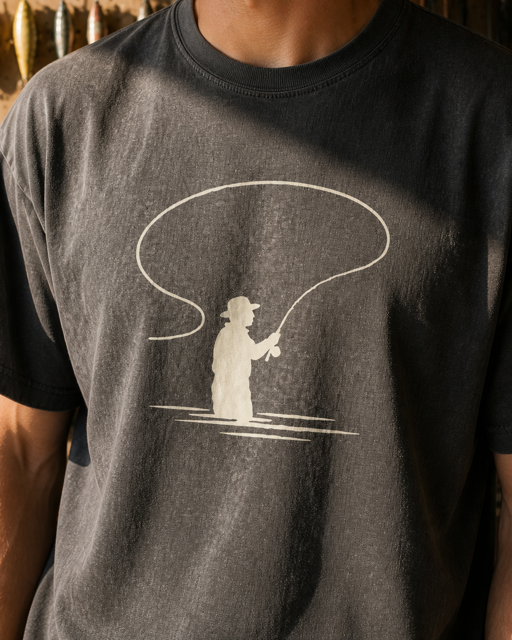 Bank Angler Silhouette washed tee — washed black, worn, side