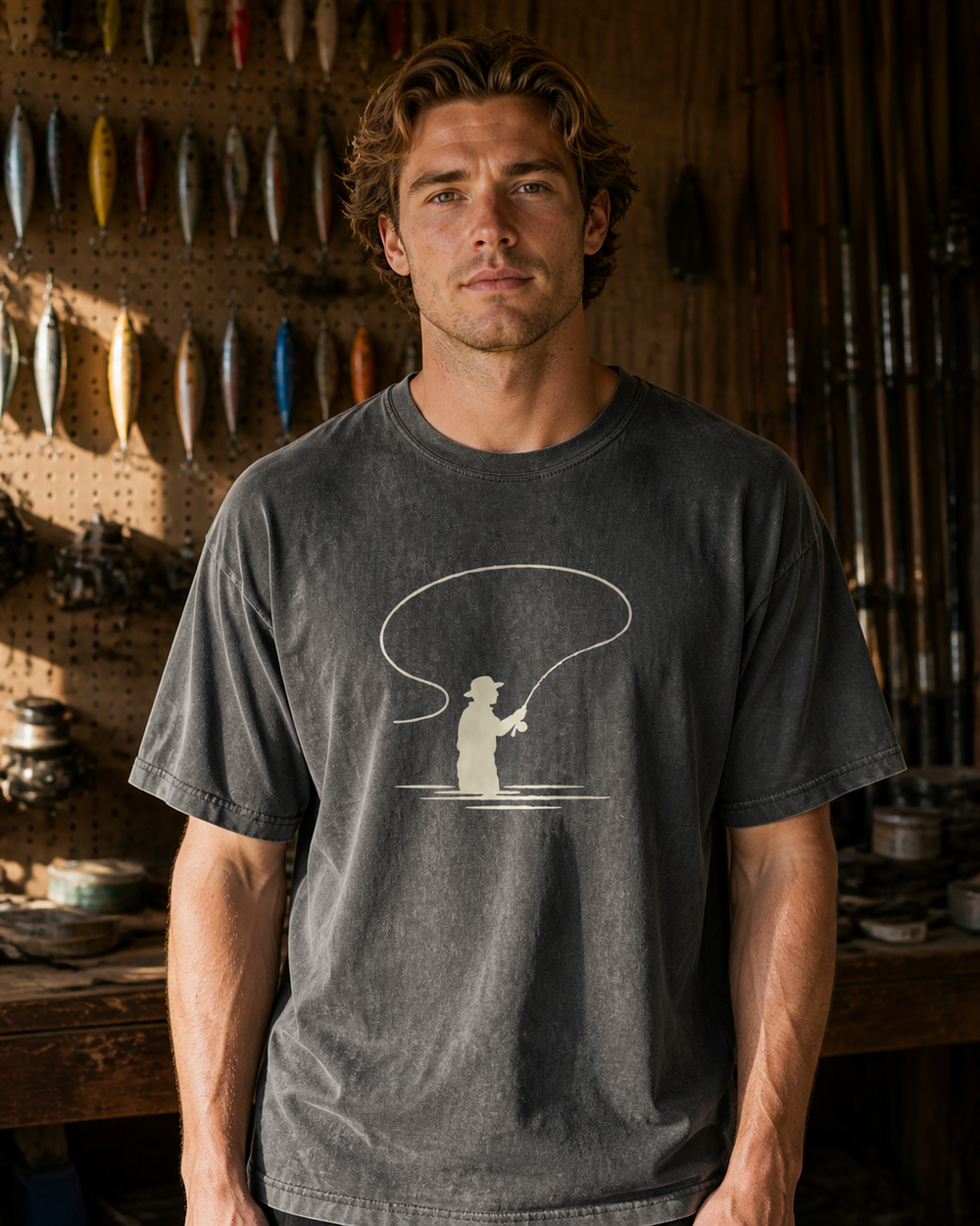 Bank Angler Silhouette washed tee — washed black, worn, front