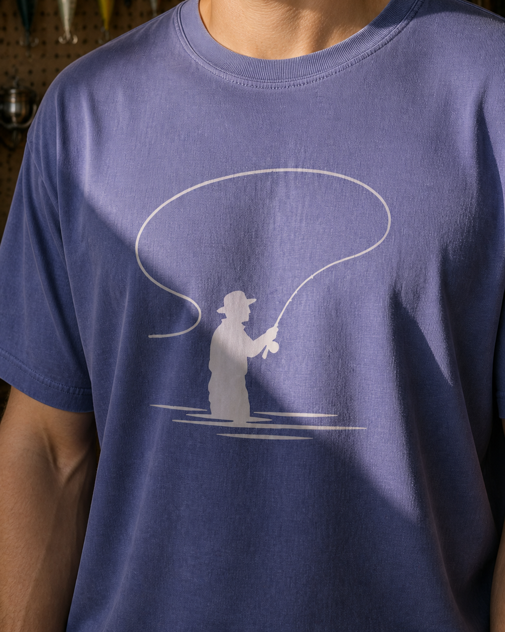Bank Angler Silhouette washed tee — washed blue, worn, side