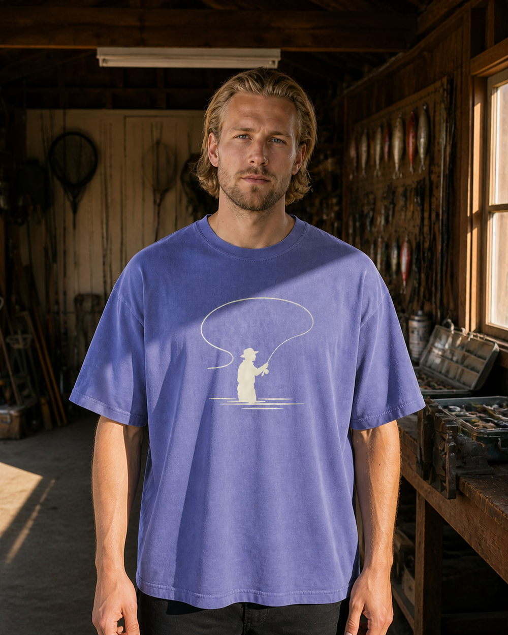 Bank Angler Silhouette washed tee — washed blue, worn, front