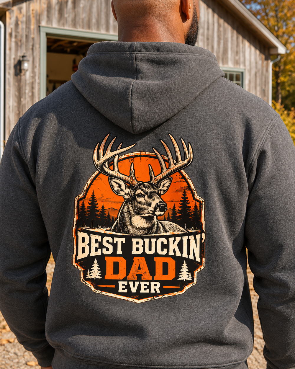 Best Buckin' Dad Ever Hoodie — Charcoal — model back close-up
