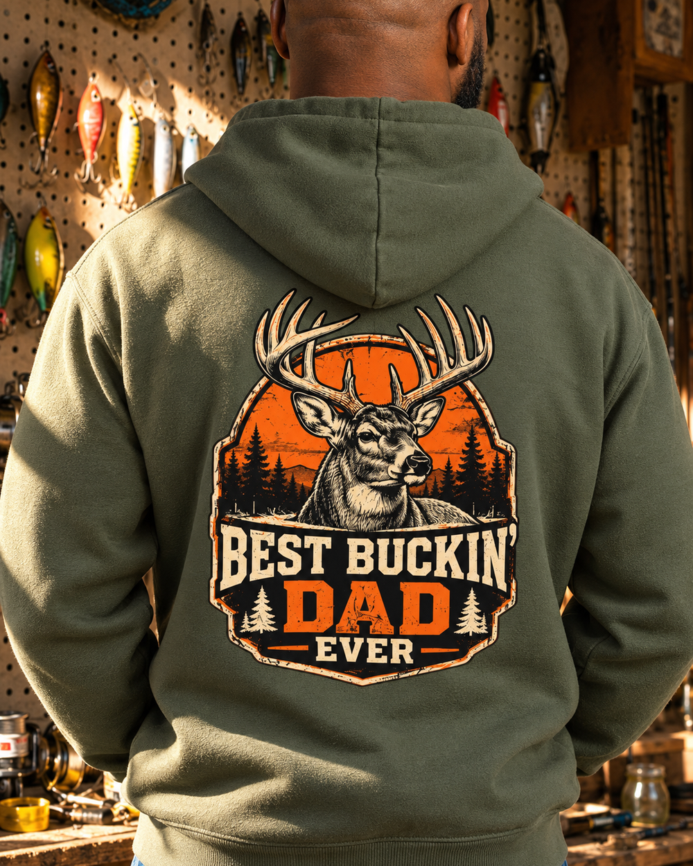 Best Buckin' Dad Ever Hoodie — Military Green — model back close-up
