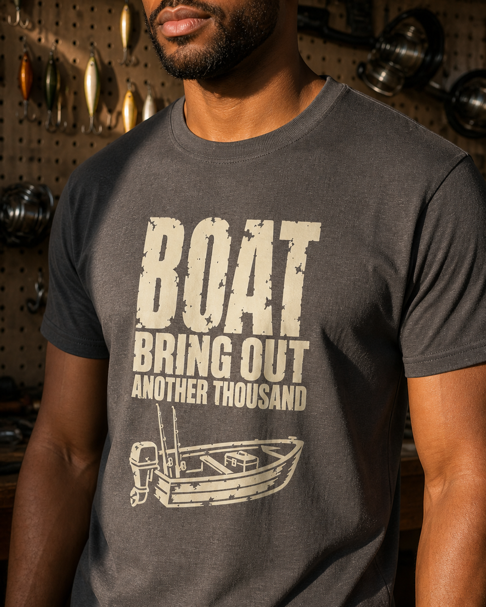 Boat: Bring Out Another Thousand tee — charcoal, worn, side