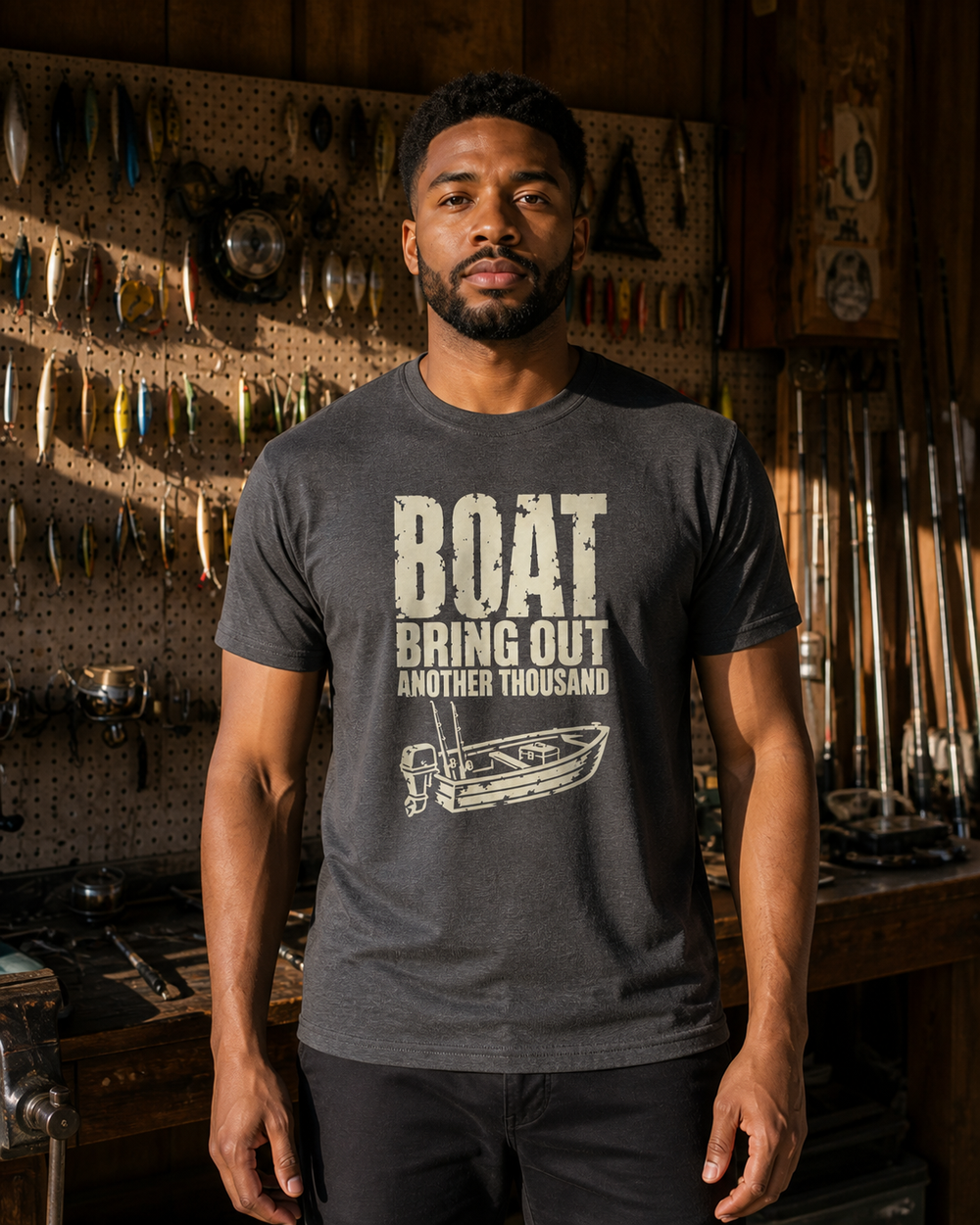 Boat: Bring Out Another Thousand tee — charcoal, worn, front