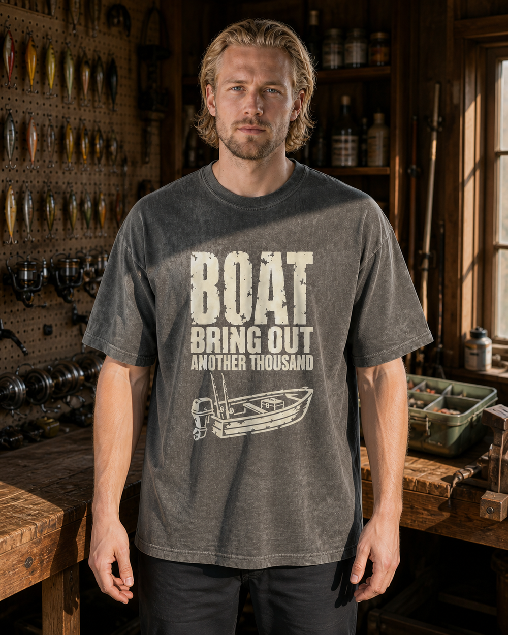 Boat: Bring Out Another Thousand washed tee — washed black, worn, front