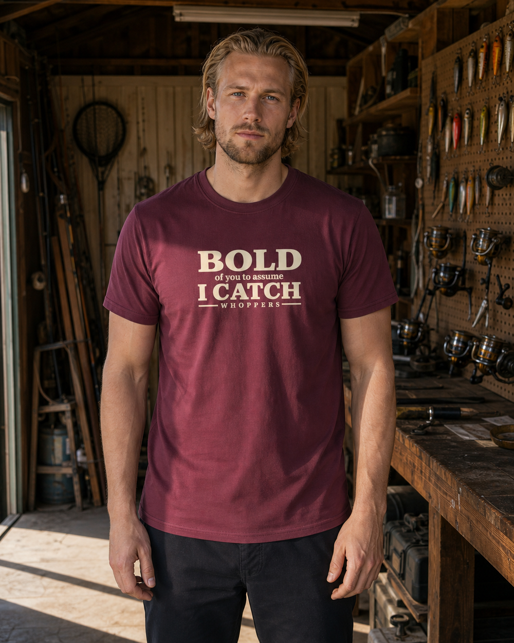 Bold Of You tee — maroon, worn, front