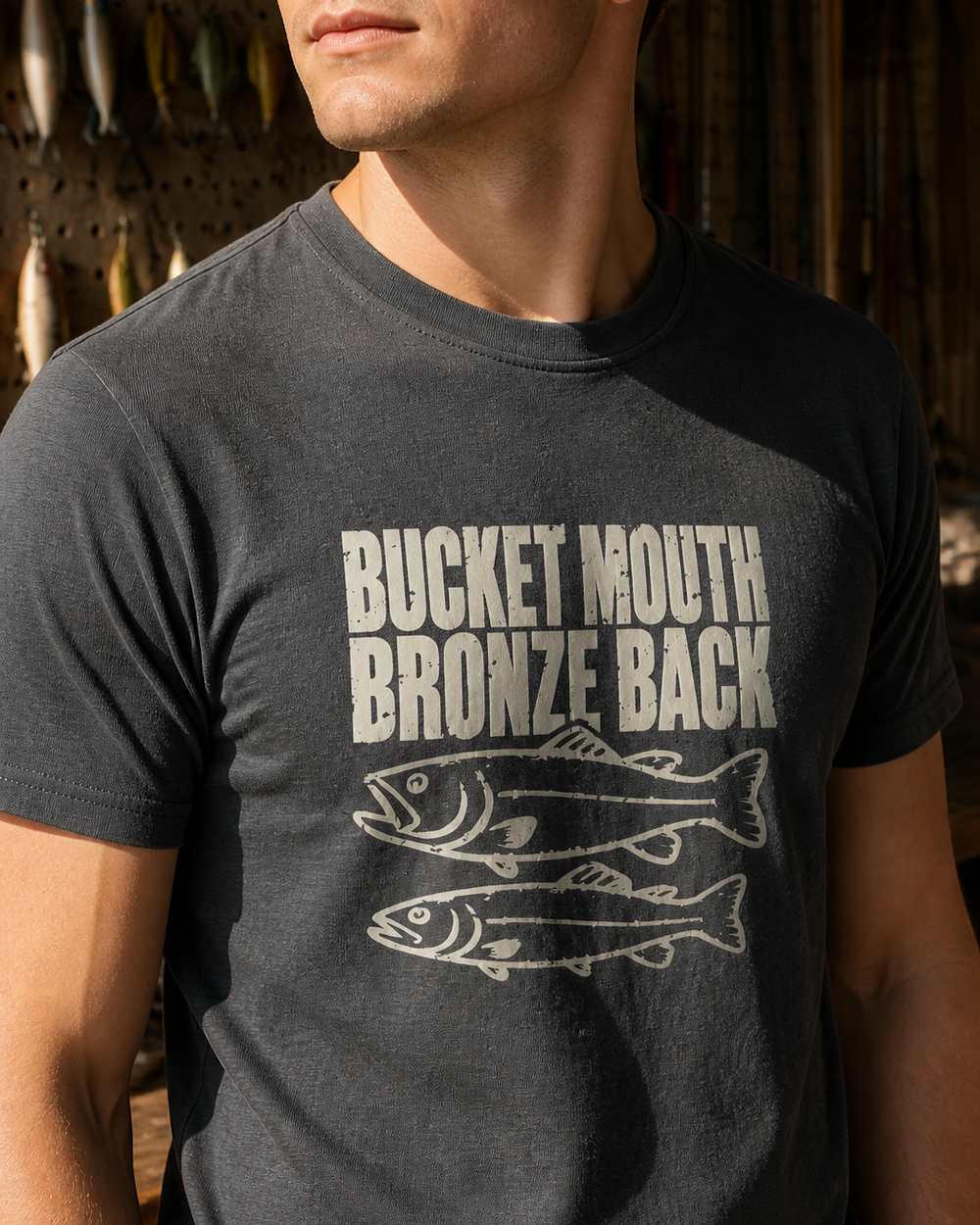 Bucket Mouth, Bronze Back tee — charcoal, worn, back