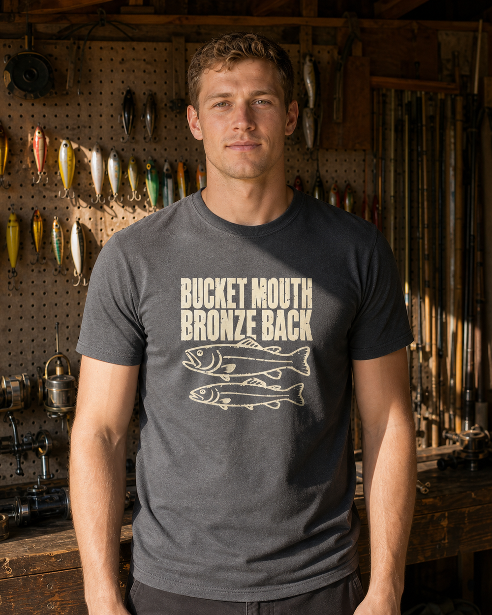 Bucket Mouth, Bronze Back tee — charcoal, worn, back