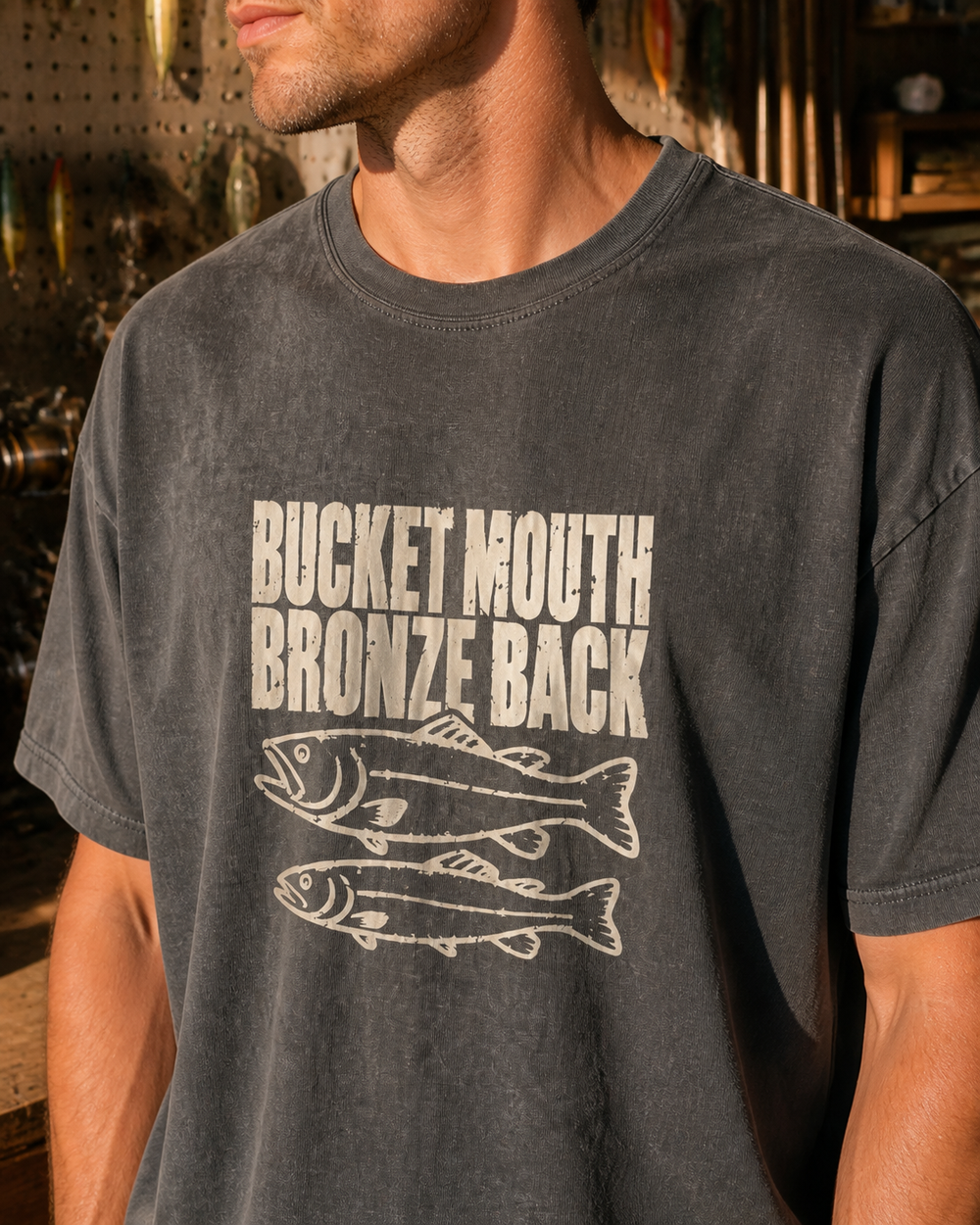 Bucket Mouth, Bronze Back washed tee — washed black, worn, back