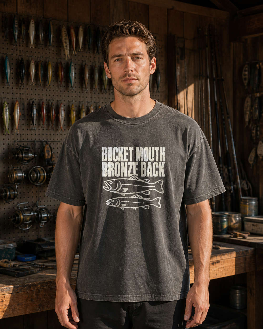 Bucket Mouth, Bronze Back washed tee — washed black, worn, back