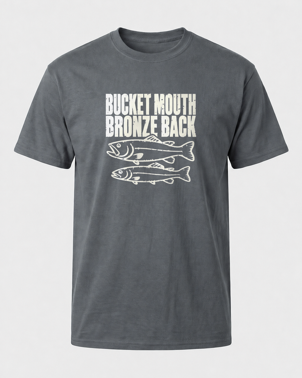 Bucket Mouth, Bronze Back tee — charcoal, back