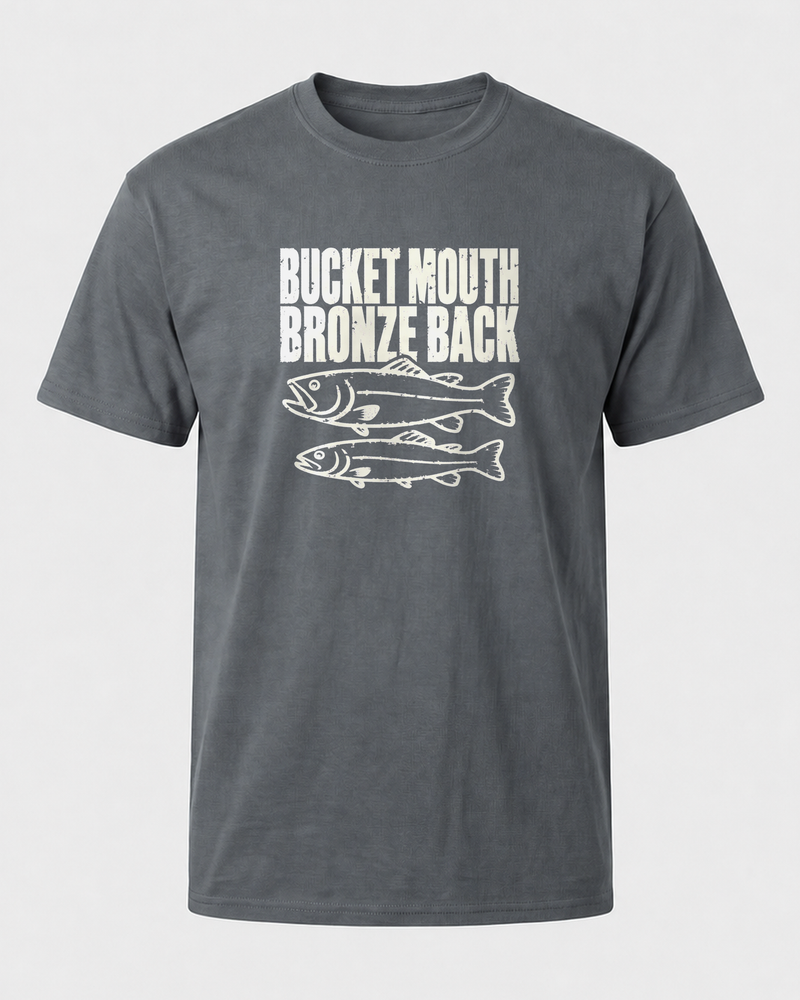 Bucket Mouth, Bronze Back tee — charcoal, back