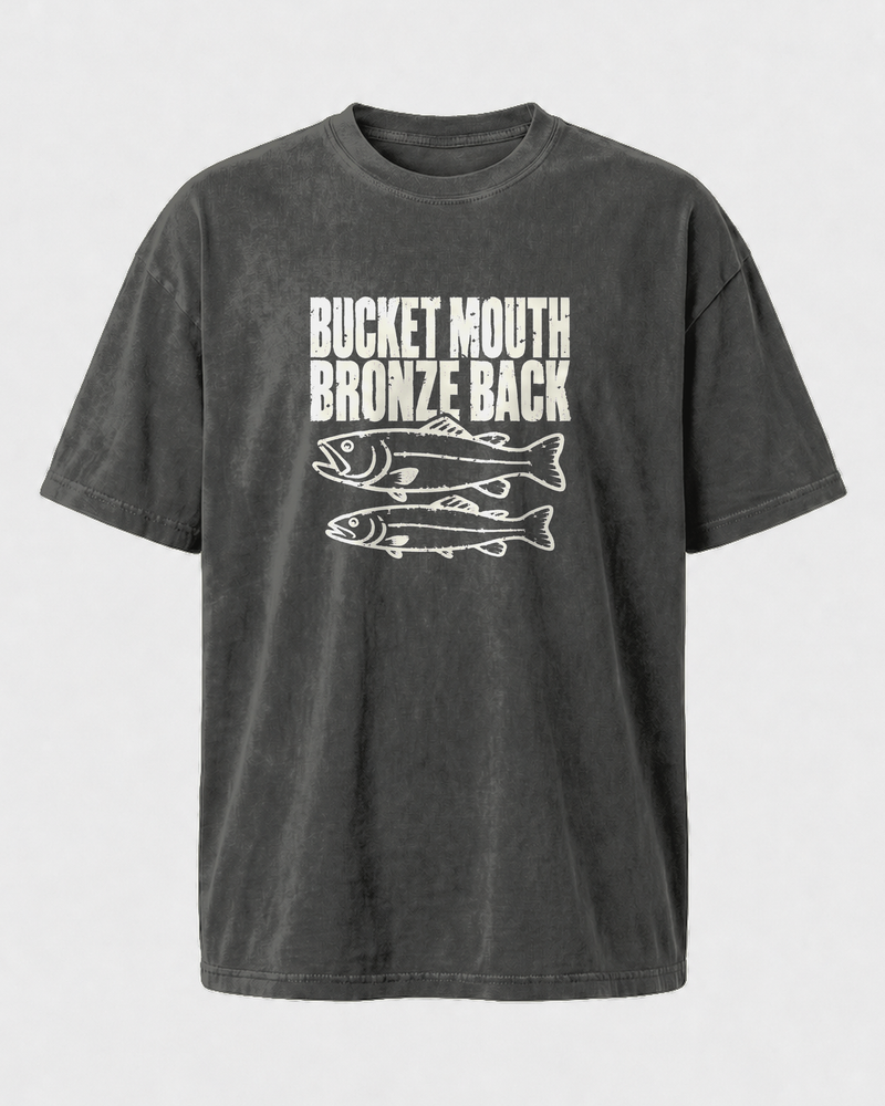 Bucket Mouth, Bronze Back washed tee — washed black, back