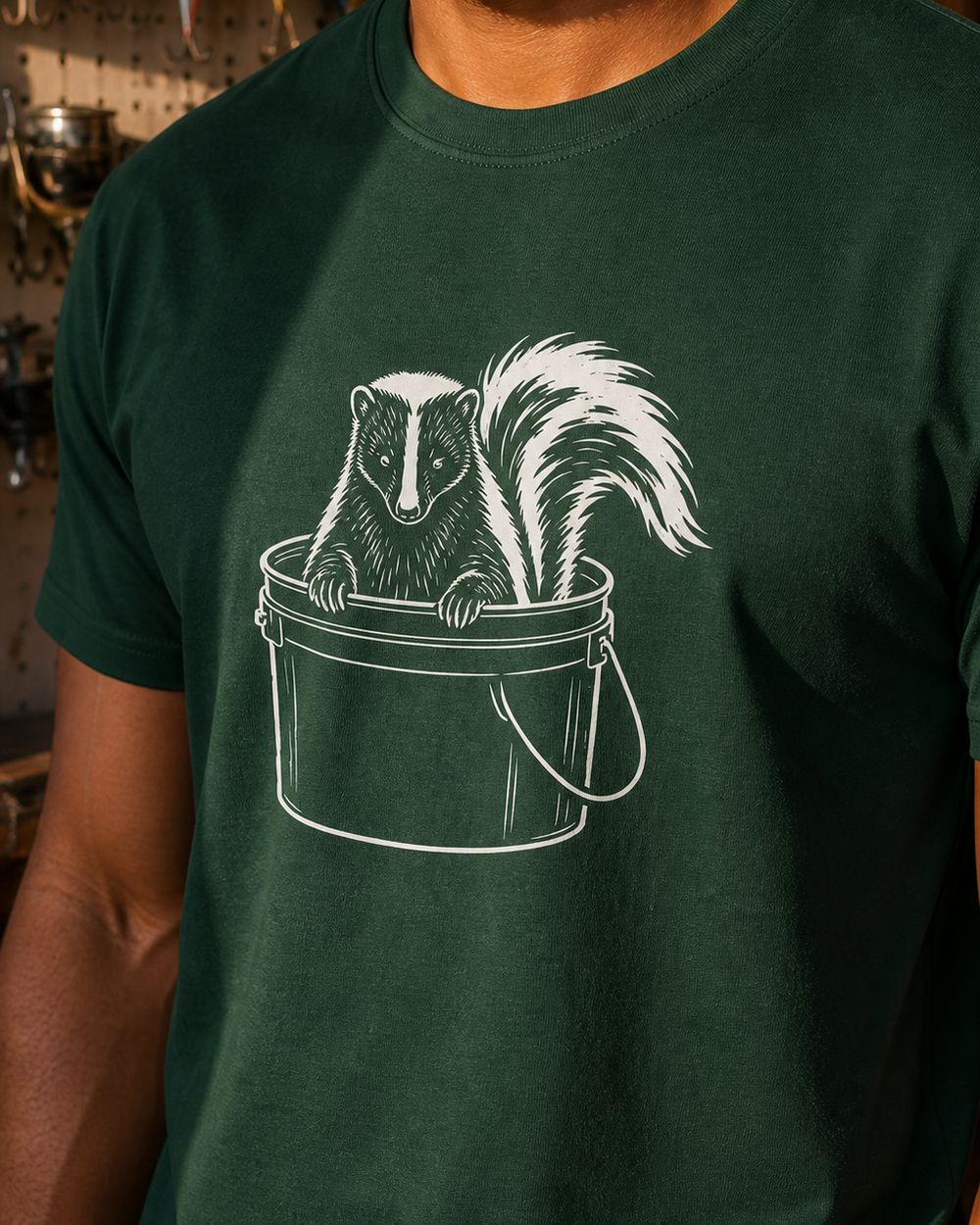 Bucket Skunk tee — forest, worn, side