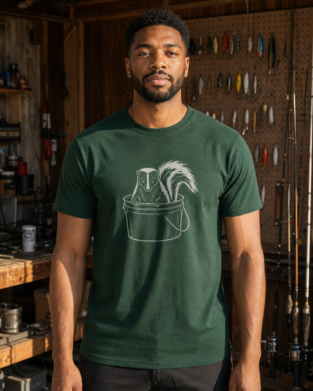 Bucket Skunk tee — forest, worn, front