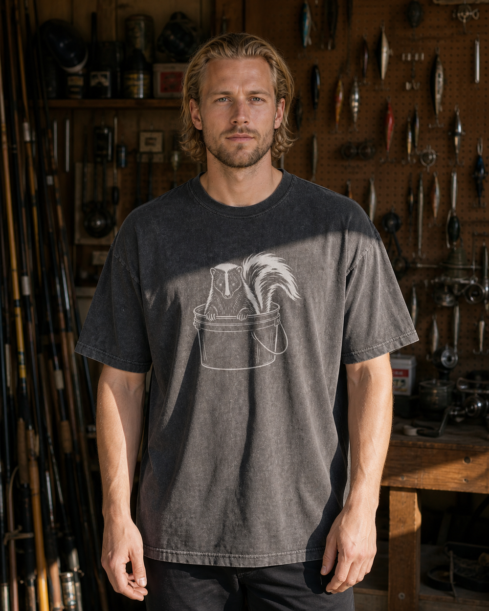 Bucket Skunk washed tee — washed black, worn, front