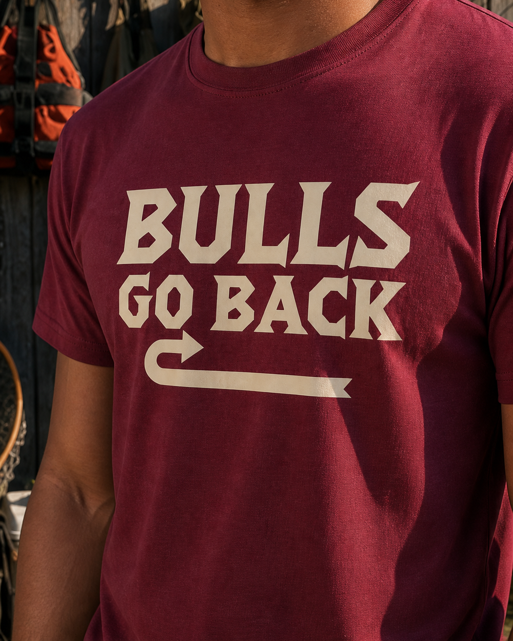 Bulls Go Back tee — garnet, worn, back