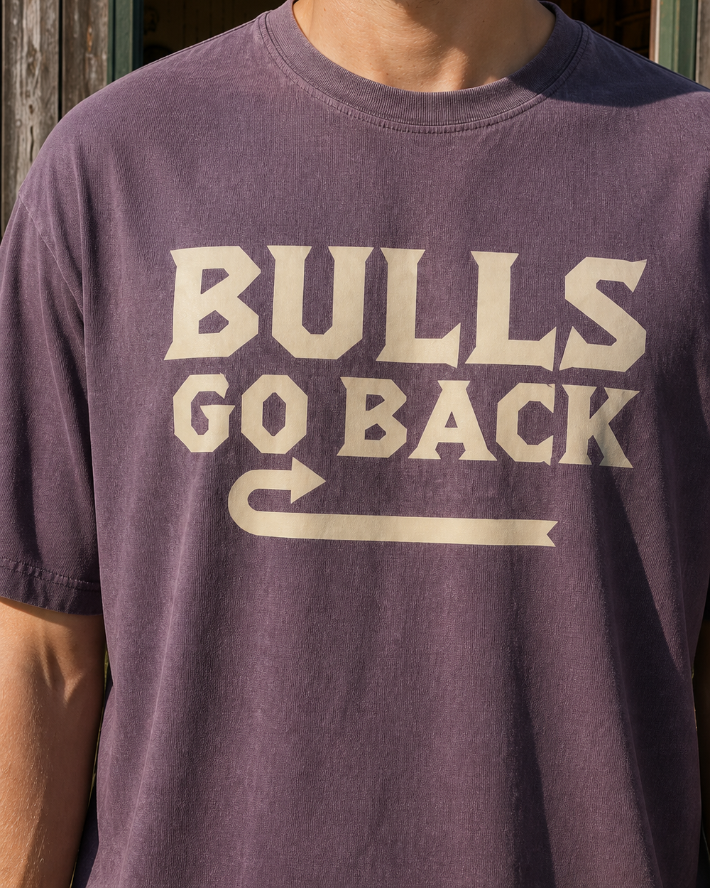 Bulls Go Back washed tee — washed violet, worn, back