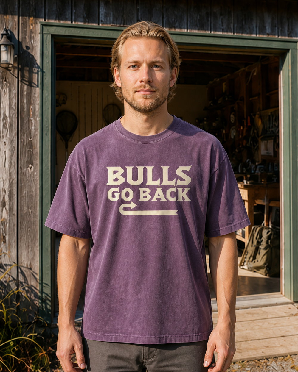 Bulls Go Back washed tee — washed violet, worn, back
