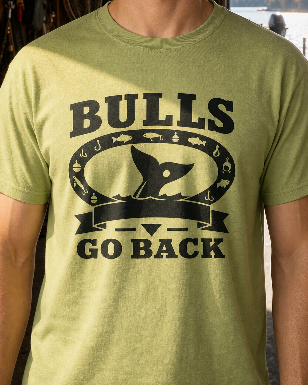 Bulls Go Back Heritage tee — kiwi, worn, back