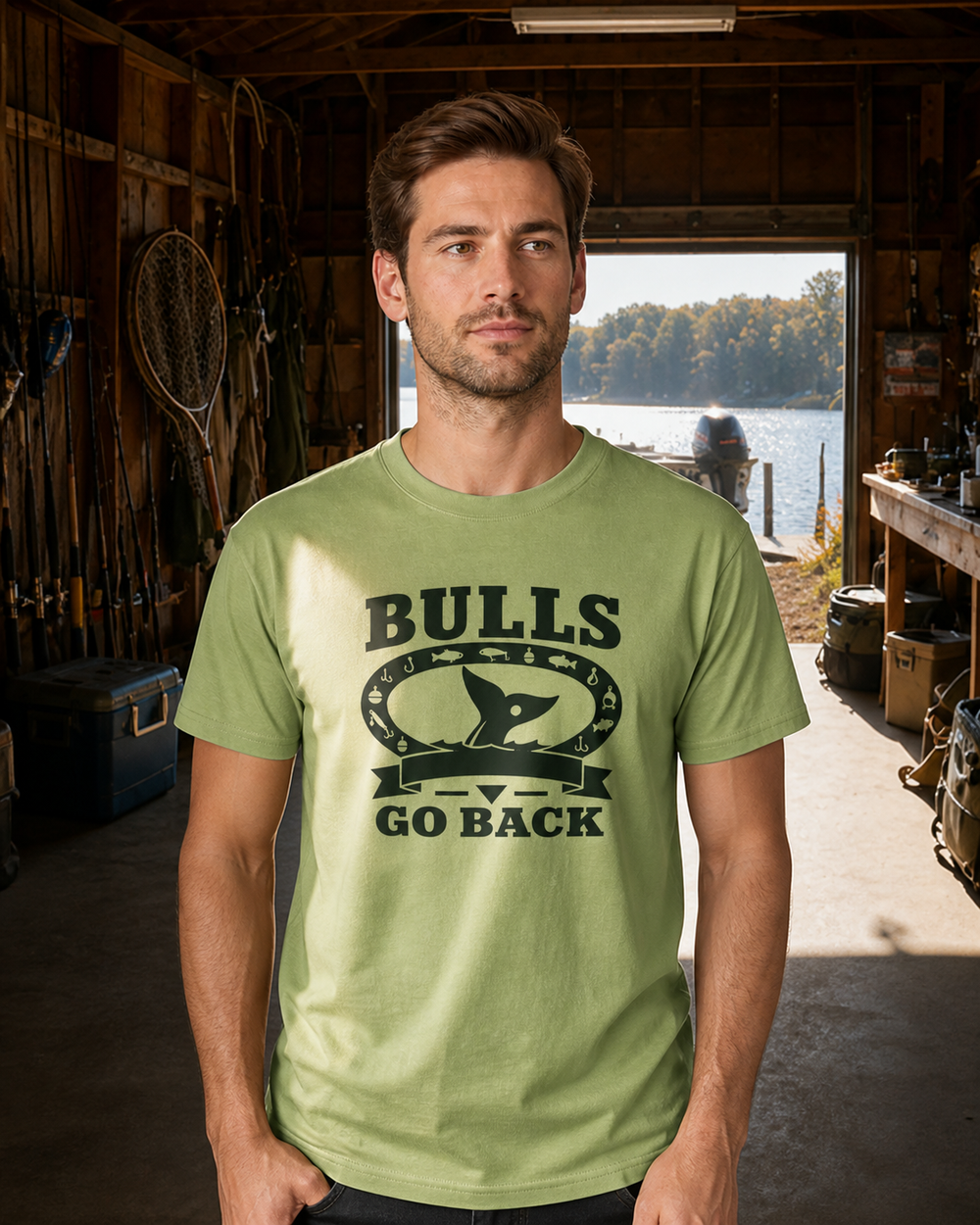 Bulls Go Back Heritage tee — kiwi, worn, back