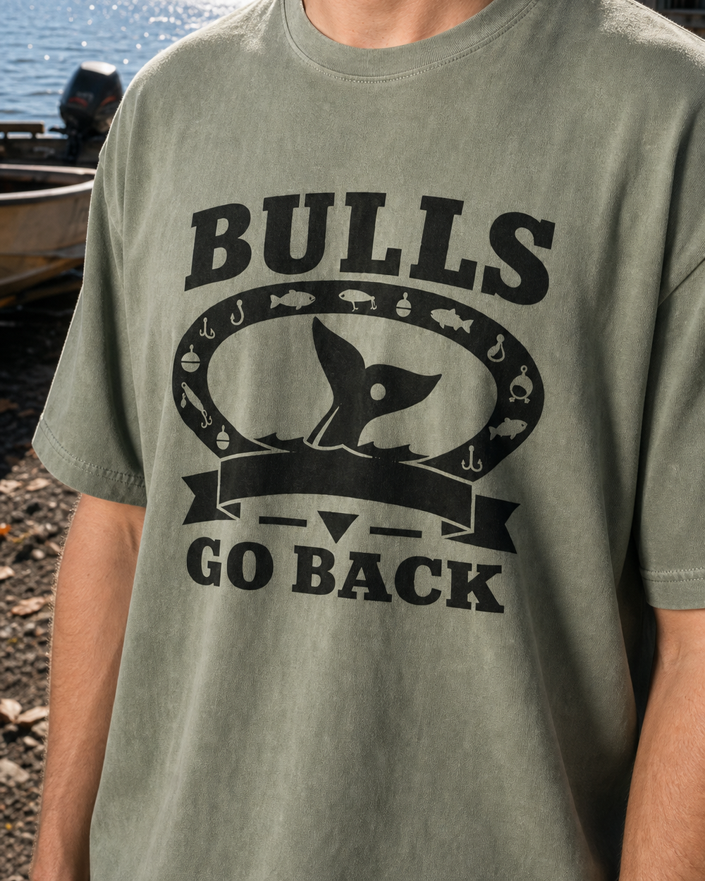 Bulls Go Back Heritage washed tee — washed sage, worn, back
