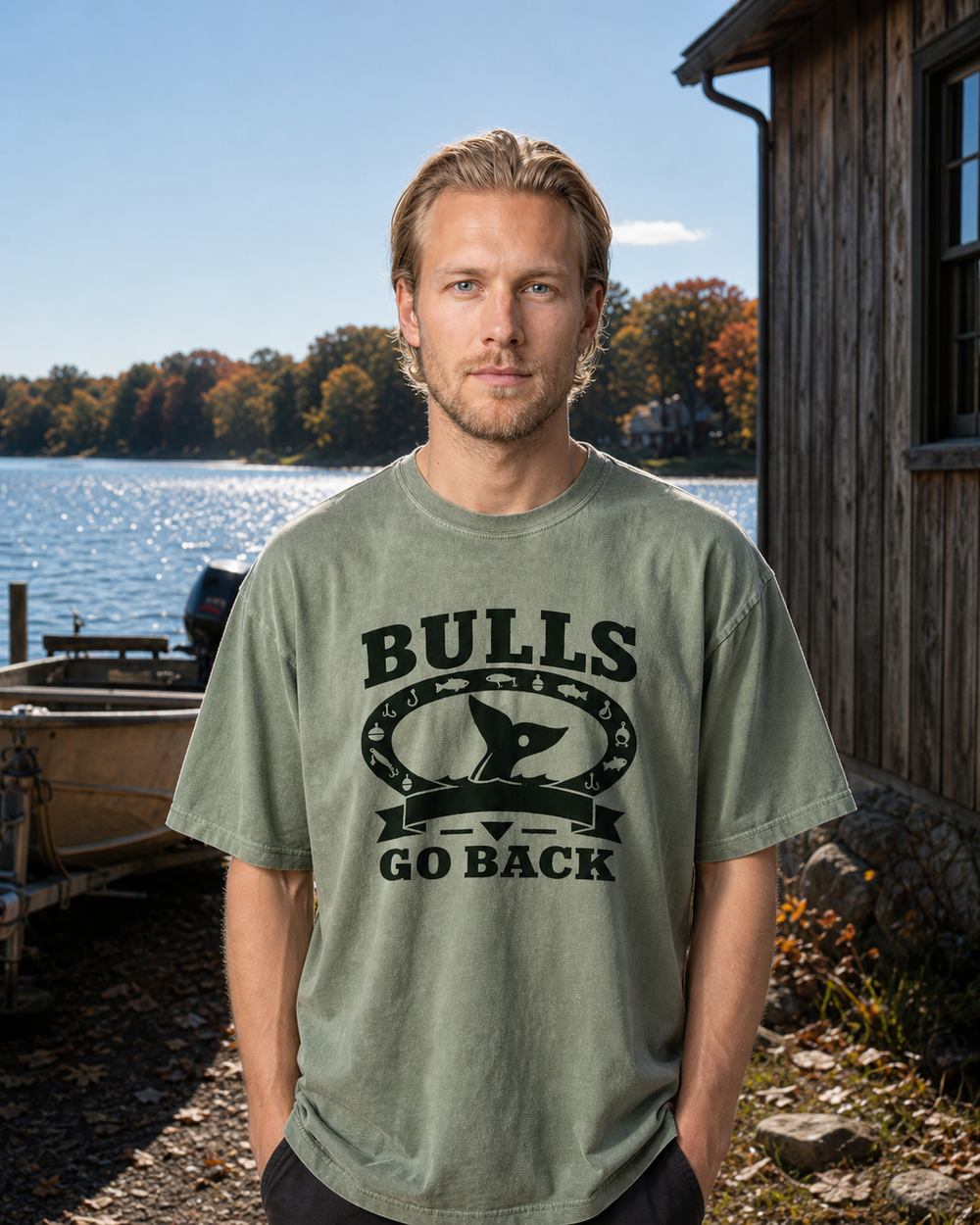 Bulls Go Back Heritage washed tee — washed sage, worn, back