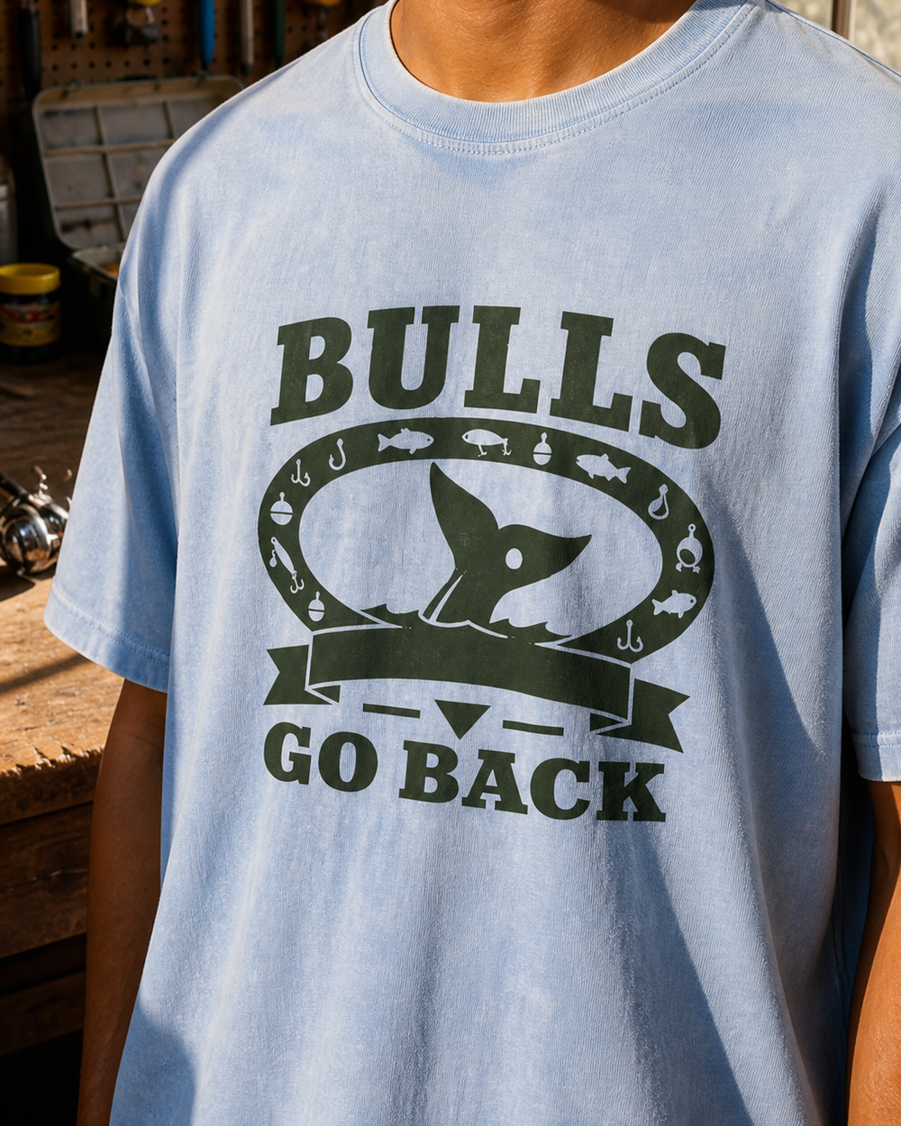 Bulls Go Back Heritage washed tee — washed light blue, worn, back