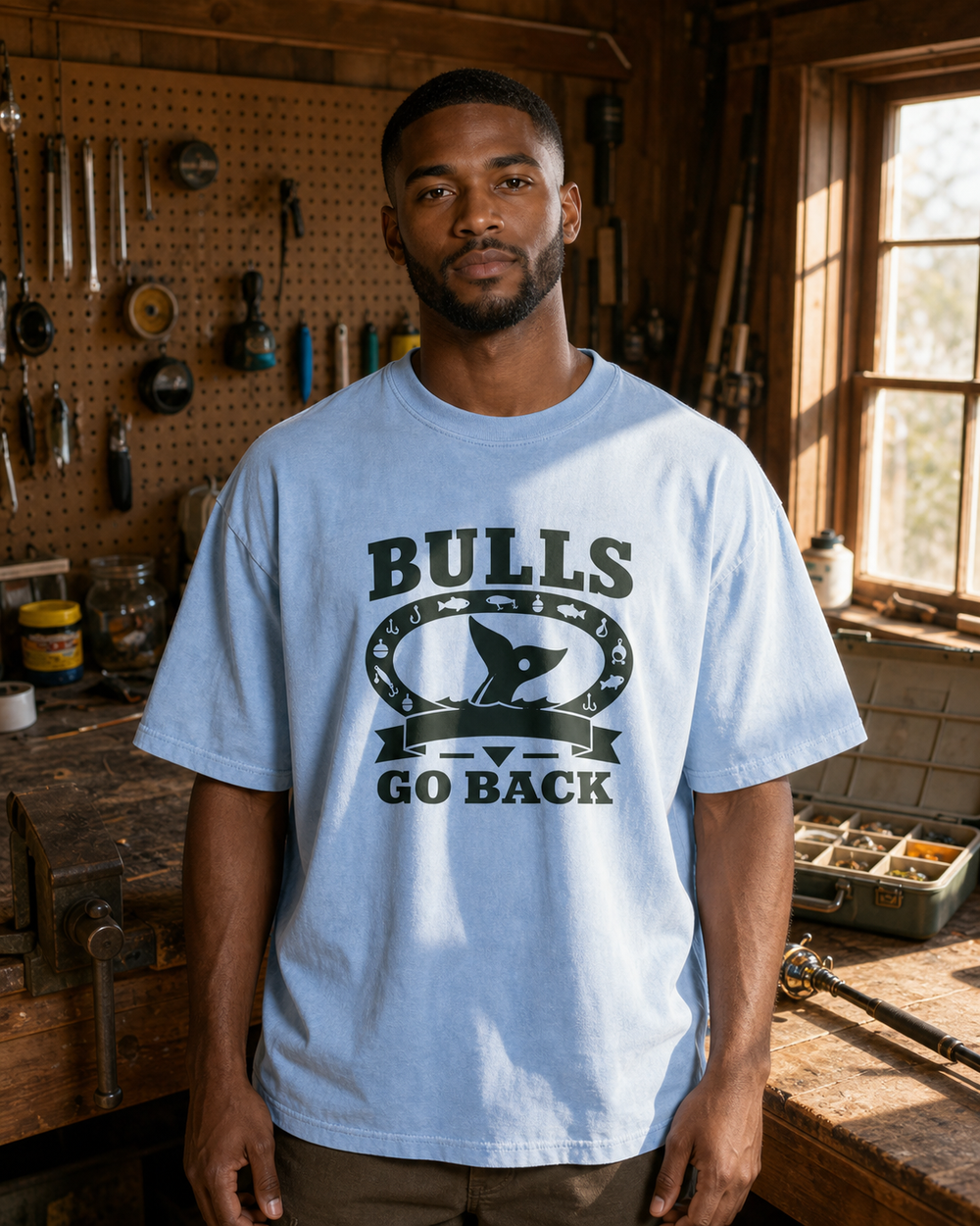 Bulls Go Back Heritage washed tee — washed light blue, worn, back