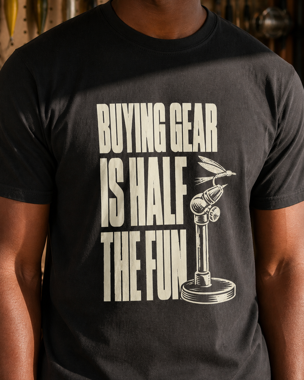 Buying Gear Is Half the Fun tee — black, worn, side