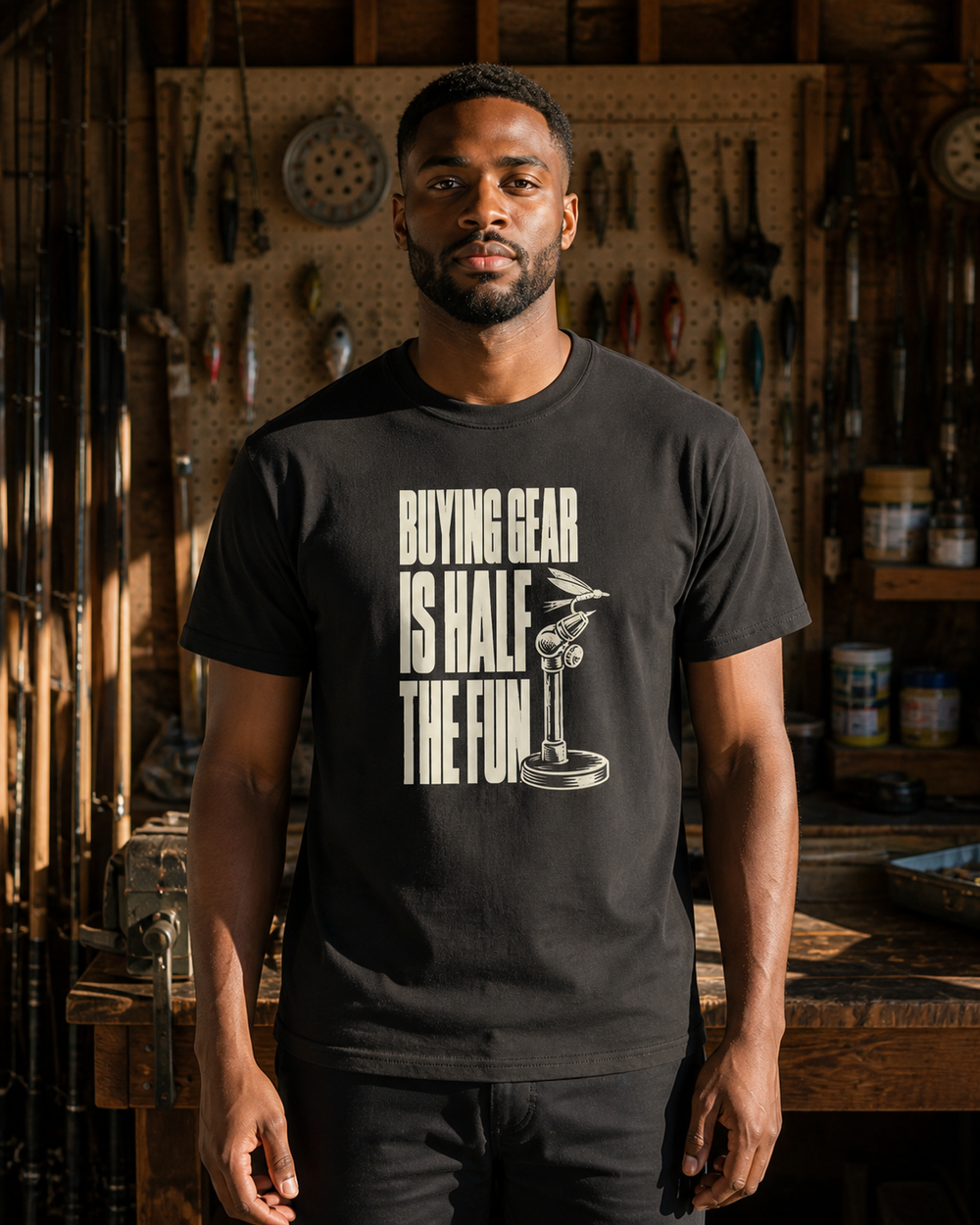 Buying Gear Is Half the Fun tee — black, worn, front