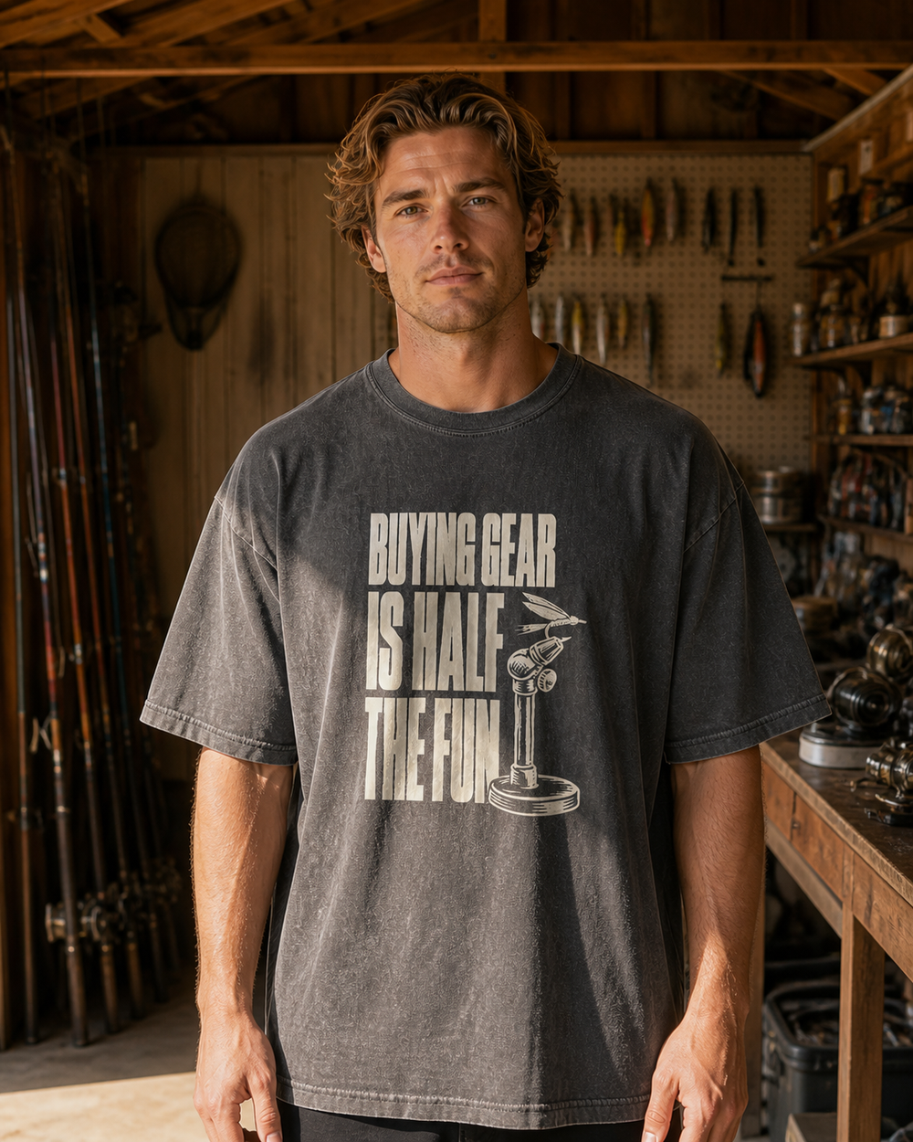 Buying Gear Is Half the Fun washed tee — washed black, worn, front