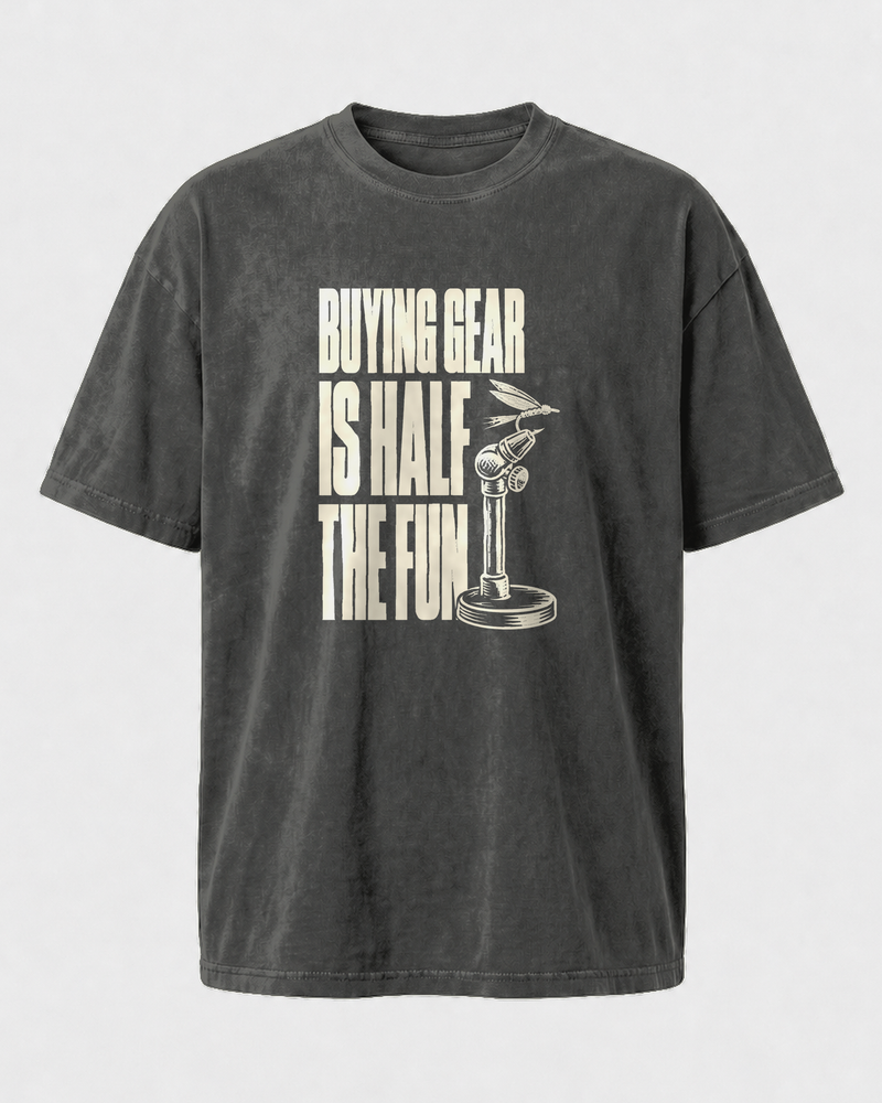 Buying Gear Is Half the Fun washed tee — washed black, front