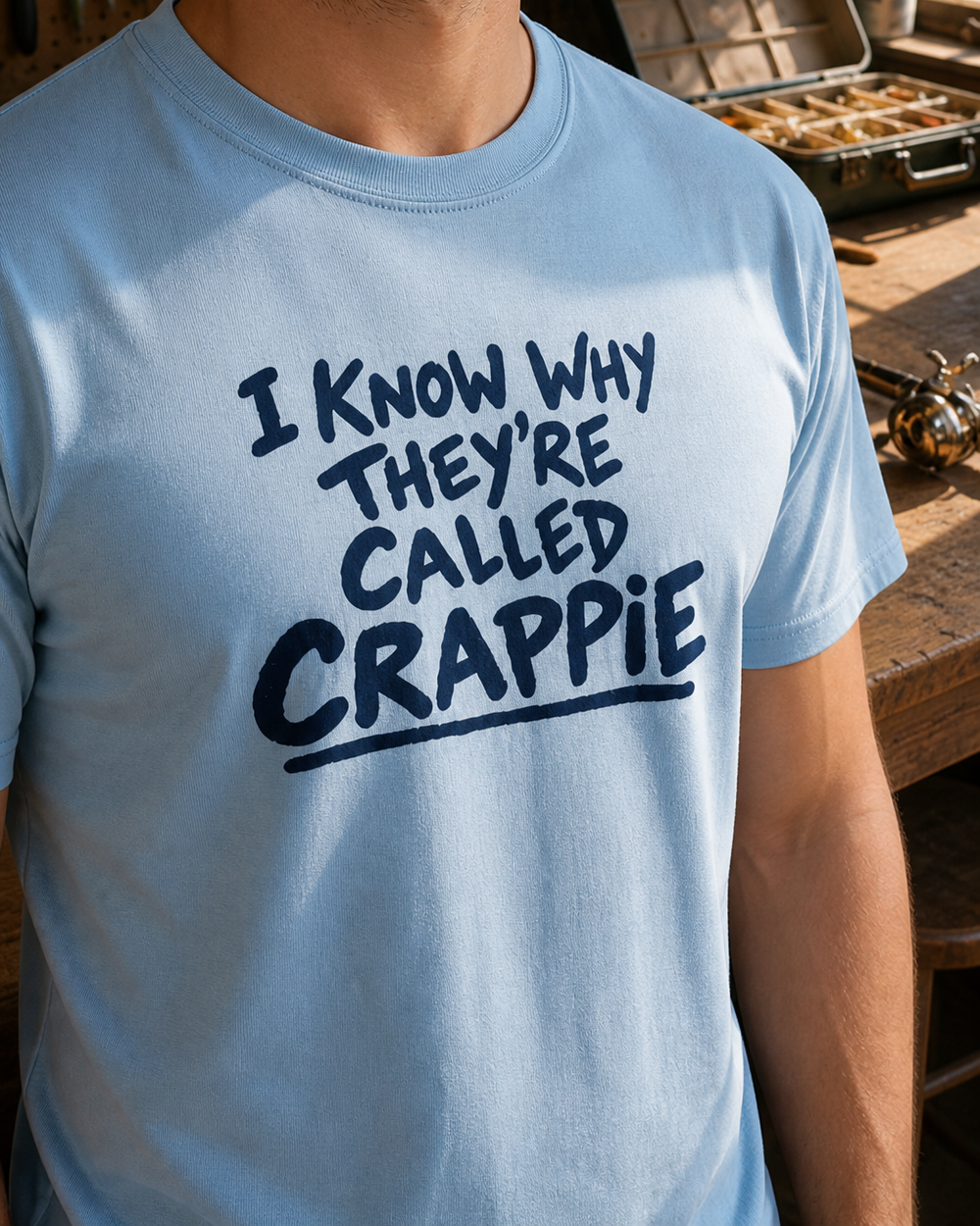 I Know Why They're Called Crappie tee — light blue, worn, side