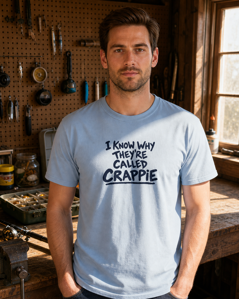 I Know Why They're Called Crappie tee — light blue, worn, front