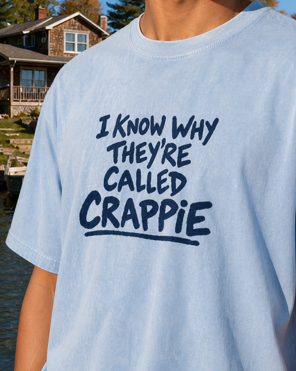I Know Why They're Called Crappie washed tee — washed light blue, worn, side
