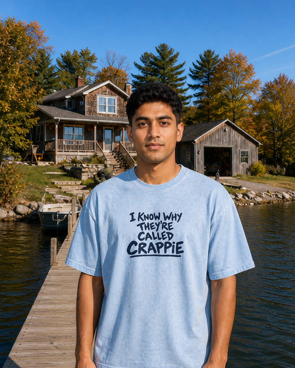 I Know Why They're Called Crappie washed tee — washed light blue, worn, front