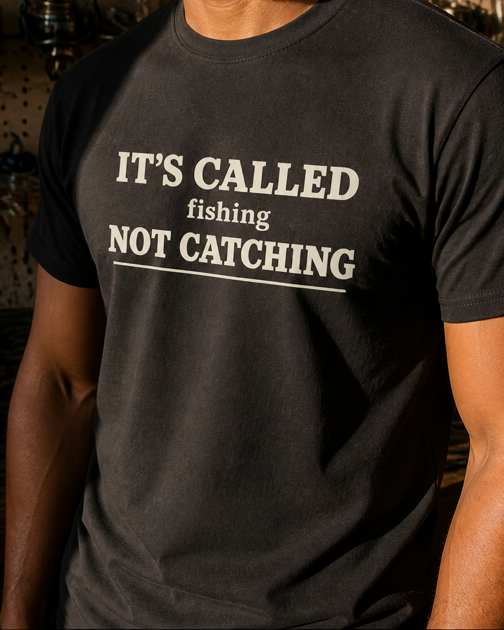 Called Fishing tee — black, worn, side